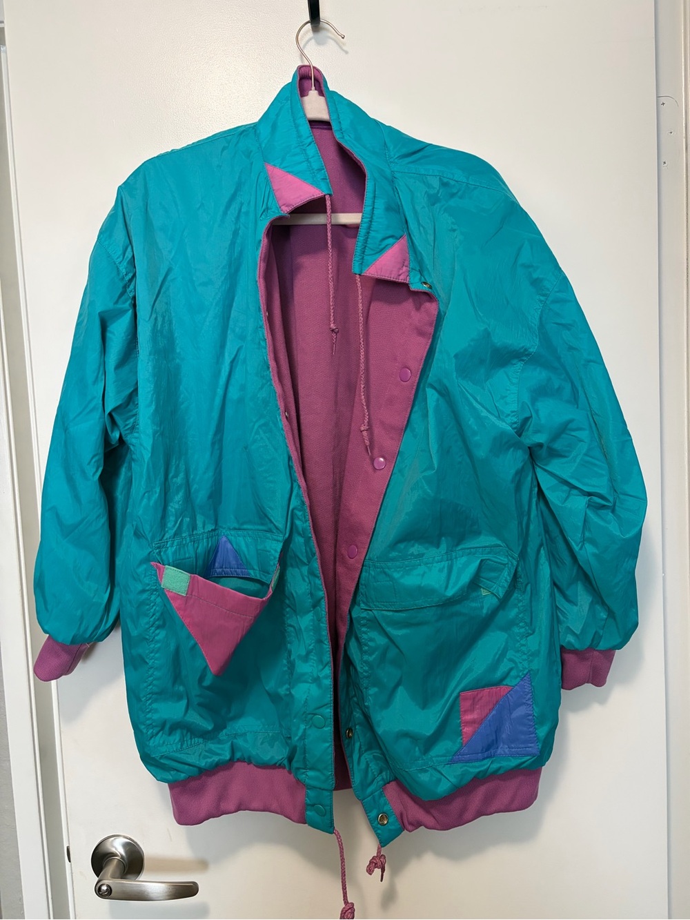 80s Vintage Teal and Magenta Reversible Bomber Jacket